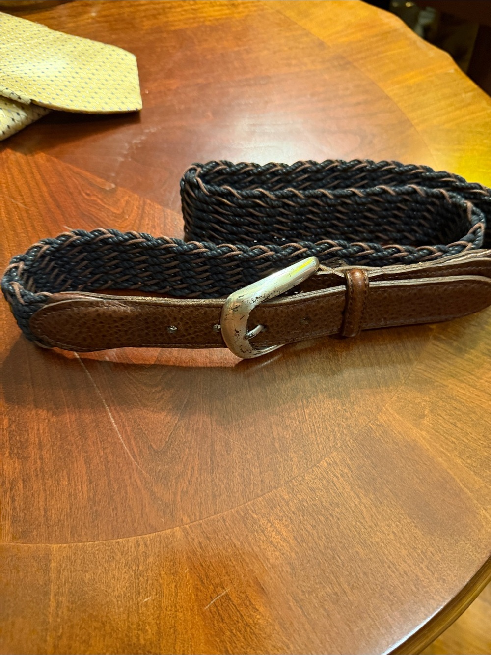 Brown Leather-Trim Woven Men's Belt with Black Braided Body